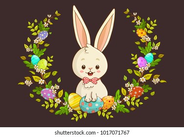 Cute Easter rabbit with wreath of flowers and leaves illustration on brown background.