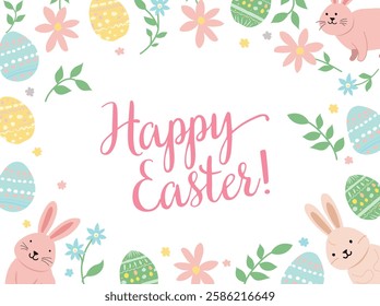 a cute Easter rabbits card with a pattern of rabbits, eggs, and flowers in a colorful vector design, perfect for festive spring celebrations, greetings, or cheerful decorations