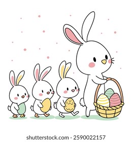  Cute Easter rabbits. Cartoon characters of happy bunnies couples with Easter eggs, chickens, and flowers. Kawaii hares for Easterly cards, stickers, banners, and package designs. Vector illustration