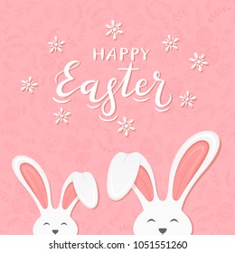 Cute Easter rabbits with ears and lettering Happy Easter on pink background with floral elements and eggs, illustration.