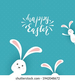 Cute Easter rabbits with ears and lettering Happy Easter on blue background. Holiday theme with bunny. Illustration can be used for holiday design, banners, website, greeting cards.
