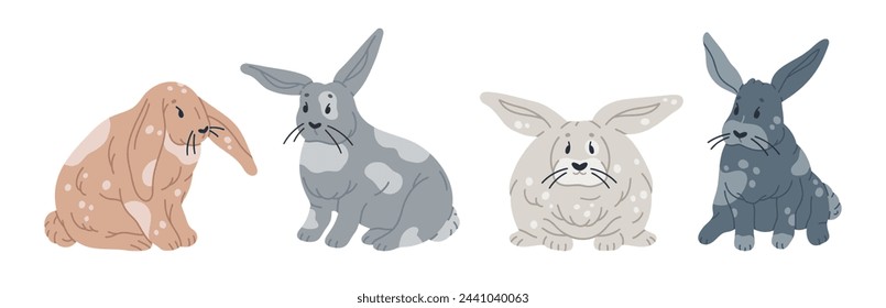 Cute Easter rabbits. Hand drawn spring bunnies, fluffy bunny characters, little Easter hares flat vector illustration set. Spring Easter holiday rabbits