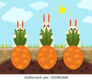 Cute Easter rabbits harvesting carrots, a funny Easter card, Easter eggs looking like carrots, bunnies pulling carrots out of the ground.