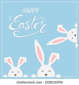 Cute Easter rabbits with lettering Happy Easter on blue background, illustration.
