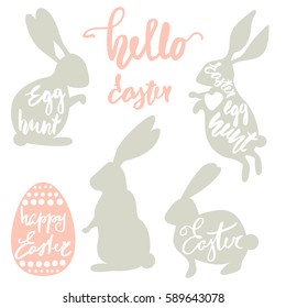 Cute Easter rabbits set with lettering inside shapes. Clipart with rabbits silhouette isolated on white. Egg hunt text. Vector Illustration