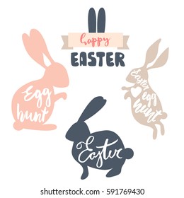 Cute Easter Rabbits Set With Lettering Inside Shapes. Clipart With Rabbits Silhouette Isolated On White. Egg Hunt Text. Vector Illustration 