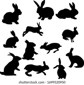 Cute Easter Rabbits Silhouette collection. Black Bunny, wild Hare Set isolated on white.  Vinyl decal, pet sticker. Tattoo design, animal farm logo. rabbit silhouettes for easter decorations 