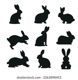 Cute Easter Rabbits Silhouette collection. Black Bunny, wild Hare Set isolated on white. Baby party greeting card, Vinyl decal, pet sticker. Tattoo design, animal farm logo. Vector Flat style zoo icon