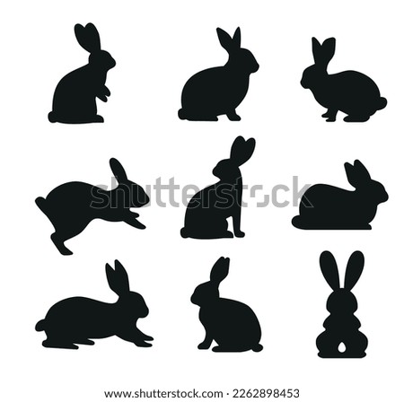 Cute Easter Rabbits Silhouette collection. Black Bunny, wild Hare Set isolated on white. Baby party greeting card, Vinyl decal, pet sticker. Tattoo design, animal farm logo. Vector Flat style zoo icon