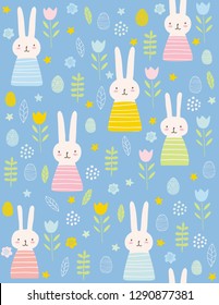 Cute Easter Rabbits Vector Pattern. Lovely Pink Bunnies and Eggs on a Blue Background. Simple Infantile Design. Nusery Art Vector Layout. Funny  Bunnies, Flowers and Eggs in an Abstract Garden.