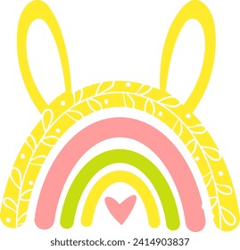 Arcoiris de Semana Santa con orejas conejadas, hojas ramas y corazón. Ilustración vectorial aislada en fondo blanco. Perfecto para camisetas para niños, impresión textil, señas, tarjetas, etc.