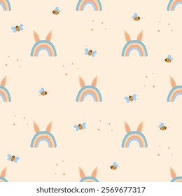 Cute Easter rainbows  and bees on pastel background, seamless pattern