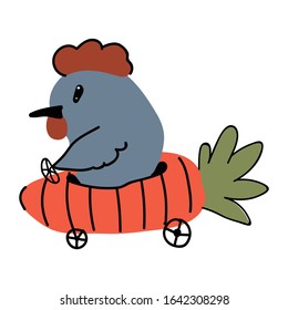 Cute easter rooster in carrot car vector clipart. Kawaii style cartoon funny driving bird humour. Isolated chicken in vegetable vehicle with hand drawn illustration of happy animal. EPS 10. 