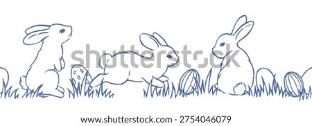 Cute Easter seamless border with bunnies and eggs in vintage style. Vector doodle illustration.
