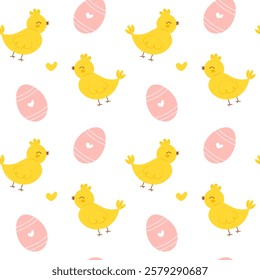 Cute Easter seamless pattern with adorable cartoon chicks and eggs. Childish vector seamless pattern perfect for kids textile, fabric, wrapping paper, wallpaper, background and so on