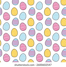 Cute Easter Seamless Pattern Background with Bright Colorful Ornate Colored Eggs Doodles with Black Outline