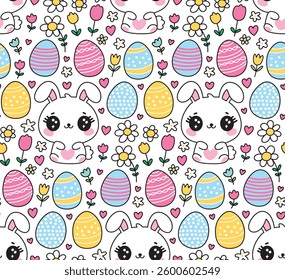 Cute Easter Seamless Pattern Background with Adorable Kawaii Bunny Rabbit, Colored Eggs, Flowers and Hearts with Black Outline