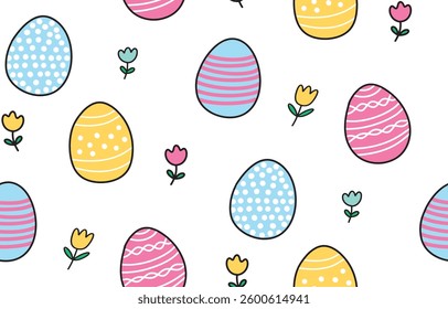Cute Easter Seamless Pattern Background with Bright Colorful Ornate Colored Eggs Doodles with Black Outline and Tulip Flowers