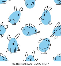 Cute Easter seamless pattern with blue rabbits. Cute egg shaped doodle bunnies. Wallpaper, fabric, background, wrapping paper template