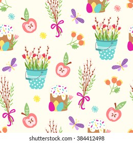 Cute Easter seamless pattern. Bright design with Easter eggs, flowers, chicken, rabbit, Easter bunny and Easter cakes. Vector illustration