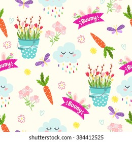 Cute Easter seamless pattern. Bright design with Easter eggs, flowers, chicken, rabbit, Easter bunny and Easter cakes. Vector illustration