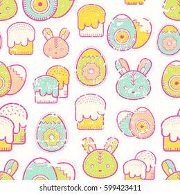 Cute Easter seamless pattern. Bright happy background with Easter eggs, rabbit, bunny and holiday cakes. Vector illustration
