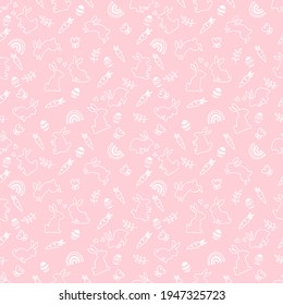 Cute  Easter seamless pattern with bunnies, leaf, flowers, easter eggs, rainbow. beautiful background, great for Easter Cards, banner, textiles, wallpapers - vector illustrations.