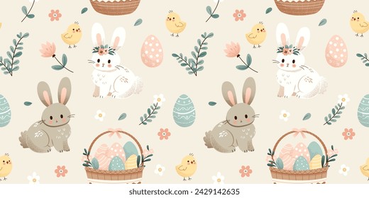 Cute Easter seamless pattern, bunnies, egg baskets, flowers and chickens. Ideal for paper and textile products. Soft Pastel colors