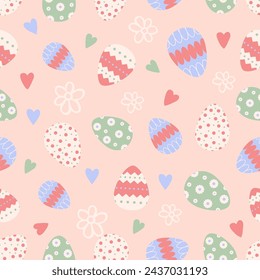  Cute Easter seamless pattern with bunnies, flowers, easter eggs.Beautiful background, great for Easter Cards, banner, textiles, wallpapers.Vector design