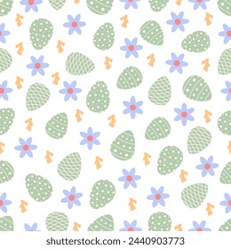 Cute Easter seamless pattern with bunnies, flowers, easter eggs.Beautiful background, great for Easter Cards, banner, textiles, wallpapers.Vector design
