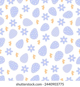 Cute Easter seamless pattern with bunnies, flowers, easter eggs.Beautiful background, great for Easter Cards, banner, textiles, wallpapers.Vector design