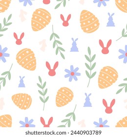 Cute Easter seamless pattern with bunnies, flowers, easter eggs.Beautiful background, great for Easter Cards, banner, textiles, wallpapers.Vector design