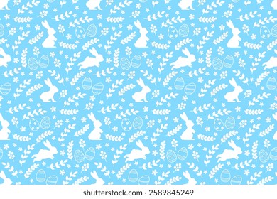 Cute Easter seamless pattern with bunnies, Easter eggs and flowers. Design for Easter Cards, banner, textiles, wallpapers. Vector illustration
