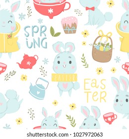 Cute Easter seamless pattern with bunny, eggs in basket, lettering and flowers. Endless Spring background, texture, digital paper. Vector illustration