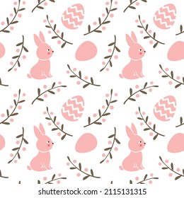 Cute Easter seamless pattern with bunny, eggs, branches and berries. Vector flat hand drawn illustration in cartoon style 