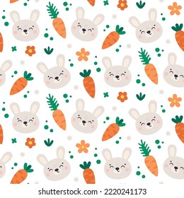 Cute Easter seamless pattern with Bunny, carrot, flowers and plants. Happy Easter seamless pattern