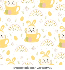 Cute Easter seamless pattern with bunny in cup with flowers, rainbows and eggs on white background