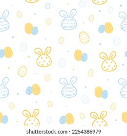 Cute Easter seamless pattern with bunny and eggs on white background.