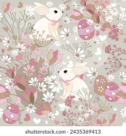 Cute Easter seamless pattern with bunny and eggs, flowers in beige, pink. Vector file