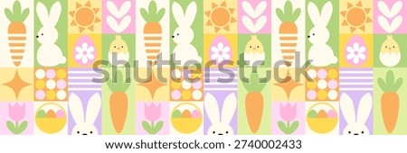 Cute Easter seamless pattern with bunny, carrot, chick and decorated eggs in pastel colors