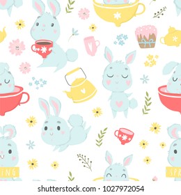 Cute Easter seamless pattern with bunnys, eggs in basket, lettering and flowers. Endless Spring background, texture, digital paper. Vector illustration