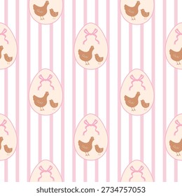 Cute Easter seamless pattern with chickens in decorated eggs and pastel pink stripes, nursery textile design. Farm animal and bown