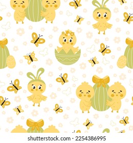 Cute Easter seamless pattern with chicks with eggs and butterflies on white background