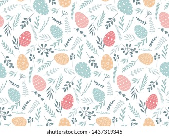 Cute Easter seamless Pattern. Colorful Easter Eggs, green twigs on white. Spring Holidays Background. Egg hunt illustration. Elements for Design of Card, packaging, flyer, banner, Advertising, print