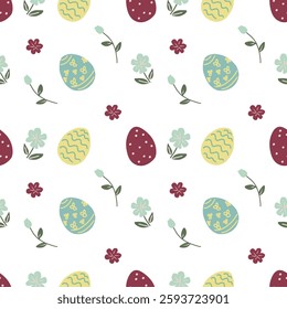 Cute Easter seamless pattern with colorful easter eggs and spring flowers.
