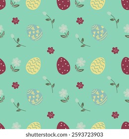 Cute Easter seamless pattern with colorful easter eggs and spring flowers.