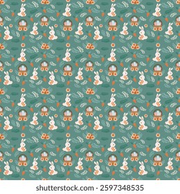cute easter seamless pattern design features cartoon easter rabbits, flowers,basket and carrots . Use this editable pattern for wallpapers, backgrounds,wrapping paper and more. Illustrator.