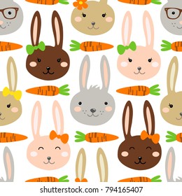 Cute Easter seamless pattern design with funny cartoon characters of bunnies
