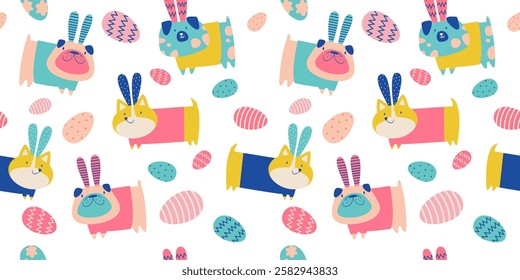 Cute easter seamless pattern with dogs with bunny ears and eggs. Vector hand drawn bright holiday pattern.