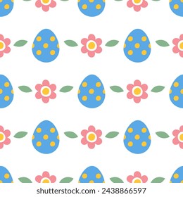 Cute Easter seamless pattern with dotted easter eggs and flowers in pastel colors on white background. Nice minimalist background for Easter cards, textiles, wallpapers, banners in hand drawn style